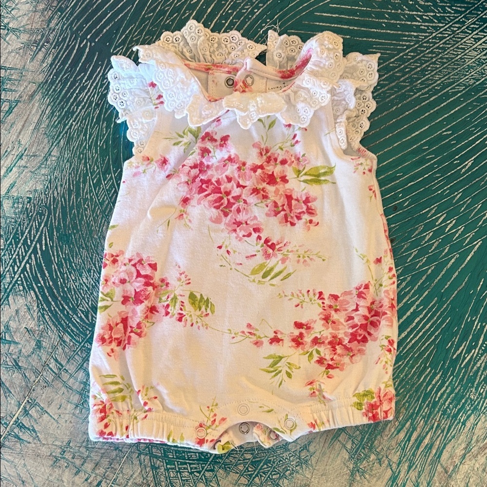Laura Ashley Baby Romper with Pink and Green Floral Design